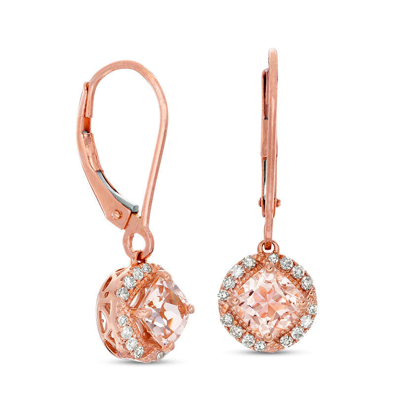 5.0mm Cushion-Cut Morganite and 0.17 CT. T.W. Diamond Frame Drop Earrings in 10K Rose Gold