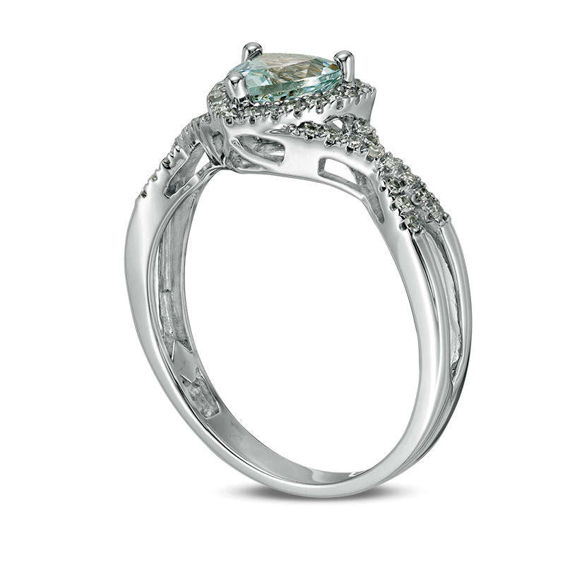 6.0mm Trillion-Cut Aquamarine and 0.20 CT. T.W. Natural Diamond Frame Criss-Cross Shank Ring in Solid 10K White Gold