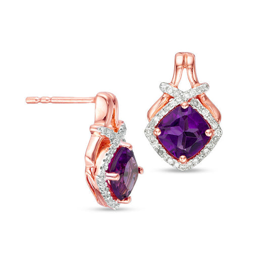 6.0mm Cushion-Cut Amethyst and 0.2 CT. T.W. Diamond Criss-Cross Frame Doorknocker Drop Earrings in 10K Rose Gold