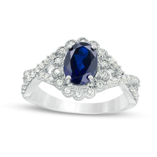 Oval Lab-Created Blue and White Sapphire Scallop Frame Engagement Ring in Sterling Silver