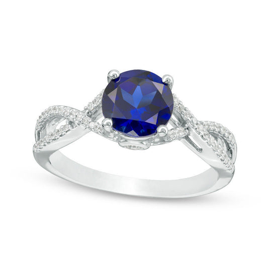 7.0mm Lab-Created Blue Sapphire and 0.17 CT. T.W. Diamond Twist Shank Engagement Ring in Solid 10K White Gold