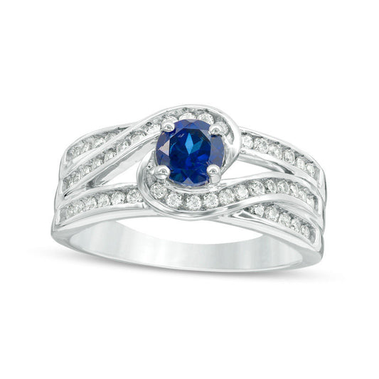 5.0mm Lab-Created Blue Sapphire and 0.33 CT. T.W. Diamond Swirl Bypass Engagement Ring in Sterling Silver