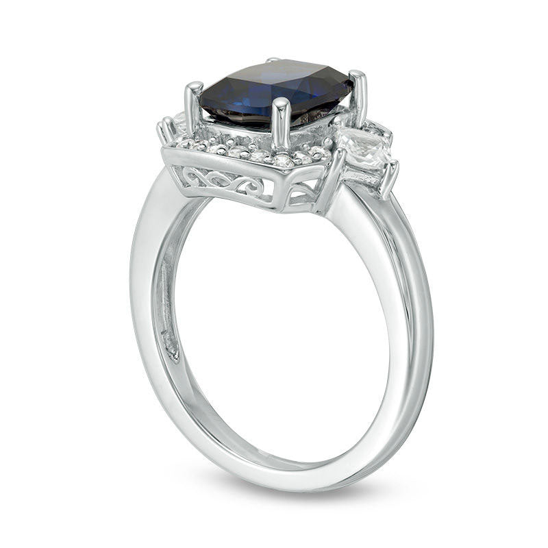 Cushion-Cut Lab-Created Blue and White Sapphire Frame Ring in Sterling Silver - Size 7