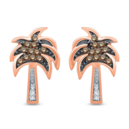 0.13 CT. T.W. Champagne and White Diamond Palm Tree Stud Earrings in 10K Rose Gold