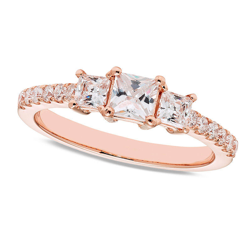 1.0 CT. T.W. Certified Princess-Cut Natural Diamond Three Stone Engagement Ring in Solid 14K Rose Gold (I/I1)