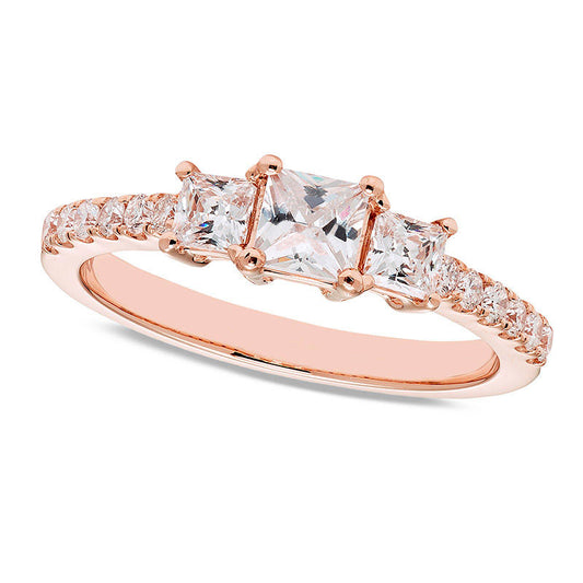 1.0 CT. T.W. Certified Princess-Cut Natural Diamond Three Stone Engagement Ring in Solid 14K Rose Gold (I/I1)