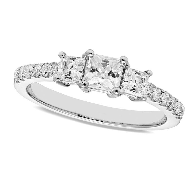 1.0 CT. T.W. Certified Princess-Cut Natural Diamond Three Stone Engagement Ring in Solid 14K White Gold (I/I1)