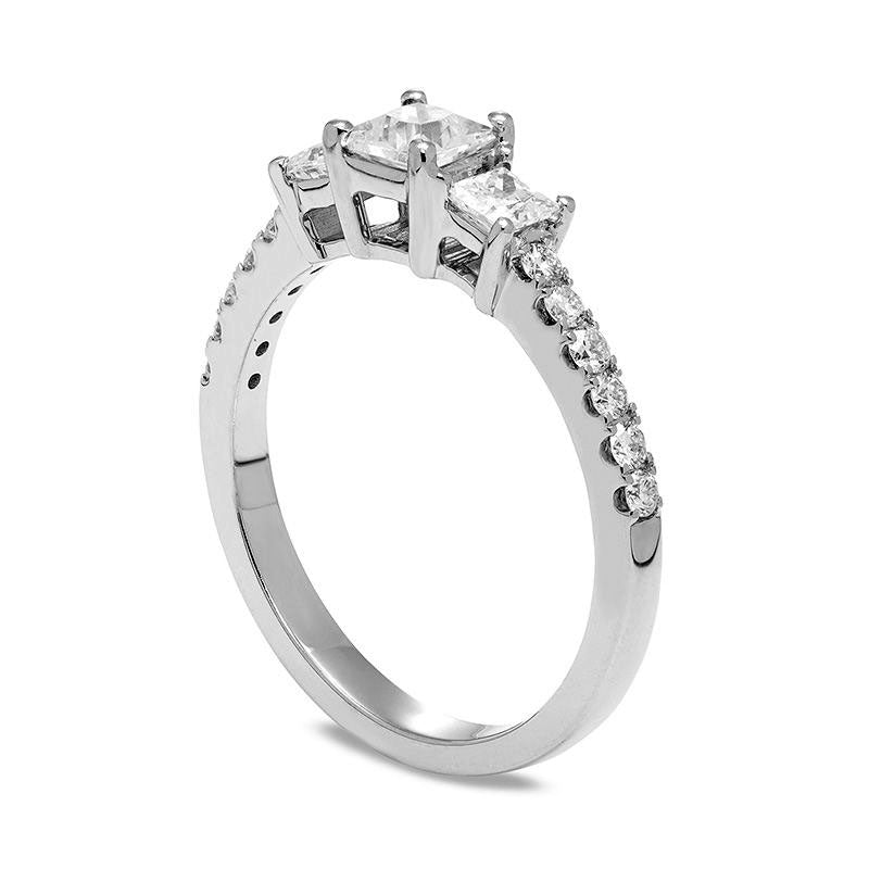 1.0 CT. T.W. Certified Princess-Cut Natural Diamond Three Stone Engagement Ring in Solid 14K White Gold (I/I1)