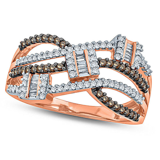 0.50 CT. T.W. Champagne and White Natural Diamond Three Stone Cluster Multi-Row Wave Ring in Solid 10K Rose Gold