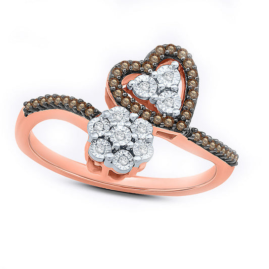 0.20 CT. T.W. Champagne and White Natural Diamond Bypass Heart and Flower Cluster Ring in Solid 10K Rose Gold