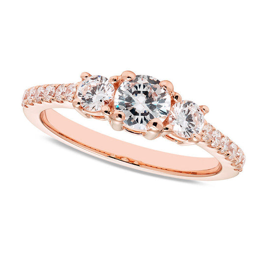 1.0 CT. T.W. Certified Natural Diamond Three Stone Engagement Ring in Solid 14K Rose Gold (I/I1)