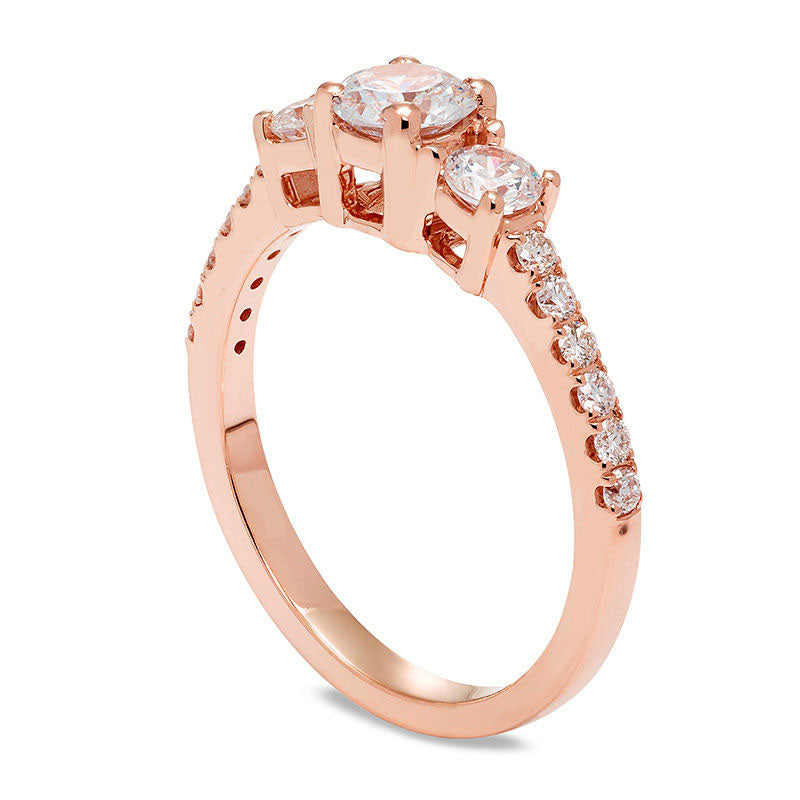 1.0 CT. T.W. Certified Natural Diamond Three Stone Engagement Ring in Solid 14K Rose Gold (I/I1)