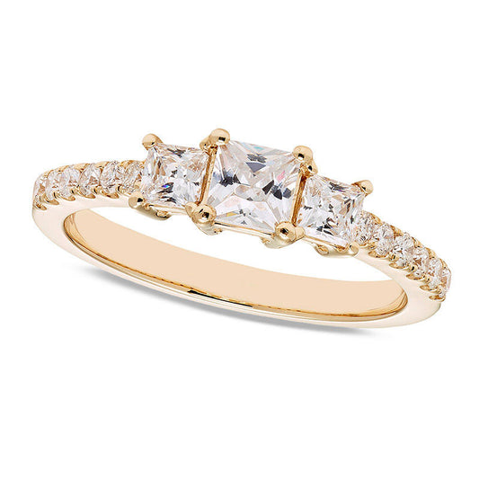 1.0 CT. T.W. Certified Princess-Cut Natural Diamond Three Stone Engagement Ring in Solid 14K Gold (I/I1)