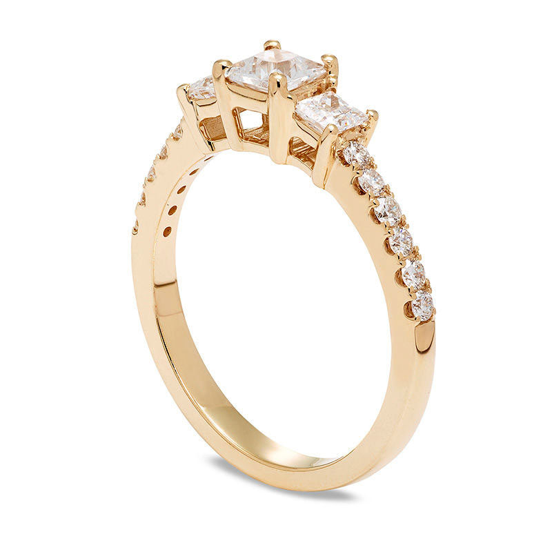 1.0 CT. T.W. Certified Princess-Cut Natural Diamond Three Stone Engagement Ring in Solid 14K Gold (I/I1)