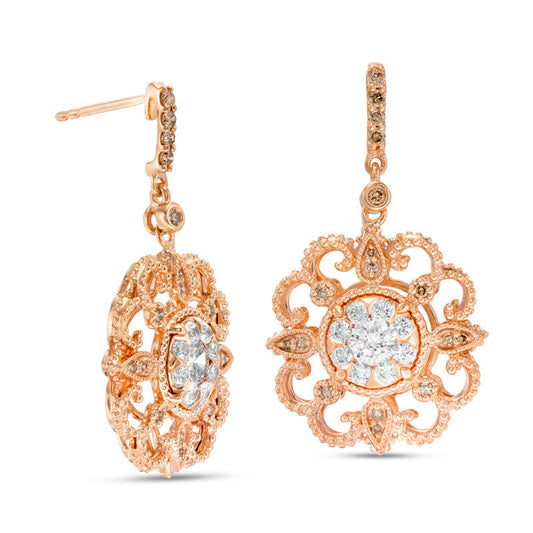 1.25 CT. T.W. Enhanced Champagne and White Diamond Filigree Vintage-Style Drop Earrings in 10K Rose Gold