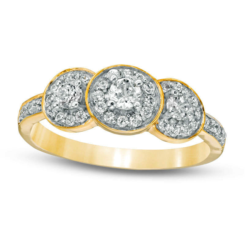 0.50 CT. T.W. Natural Diamond Three Stone Frame Engagement Ring in Solid 10K Yellow Gold