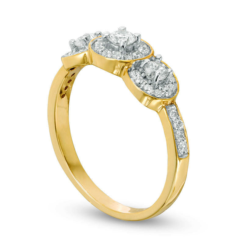 0.50 CT. T.W. Natural Diamond Three Stone Frame Engagement Ring in Solid 10K Yellow Gold