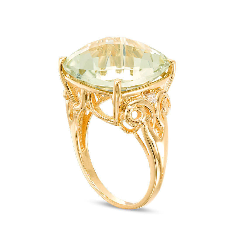 15.0mm Cushion-Cut Green Quartz and Natural Diamond Accent Scroll Ring in Solid 10K Yellow Gold