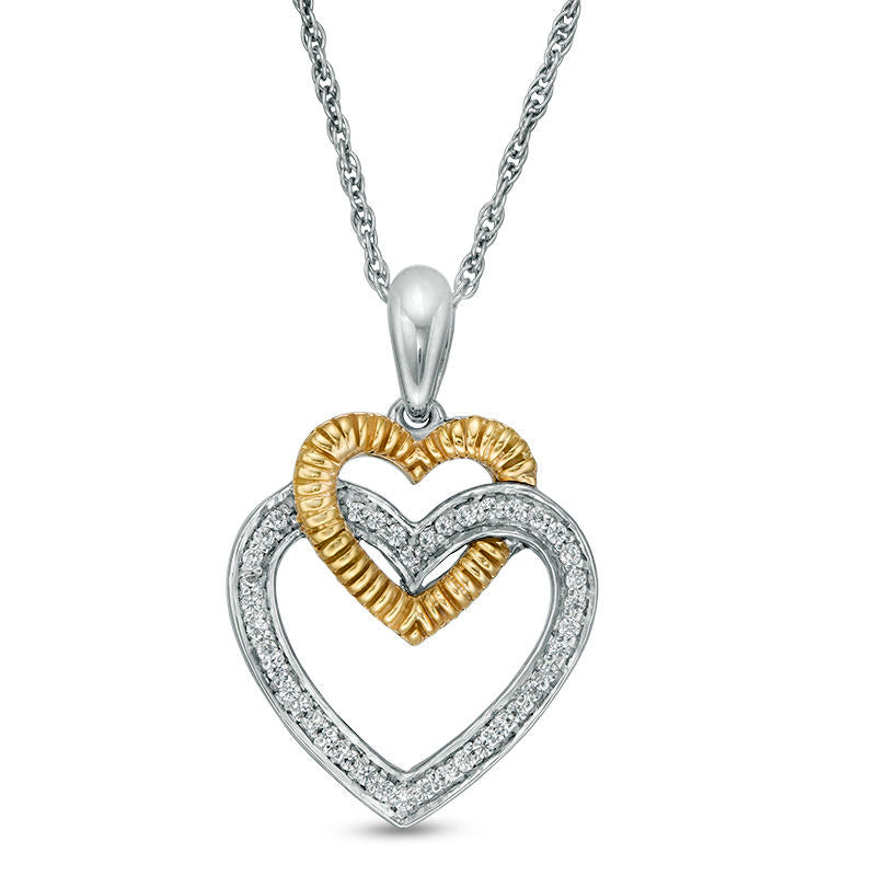 0.1 CT. T.W. Natural Diamond Double Heart Pendant in Sterling Silver and 10K Yellow Gold