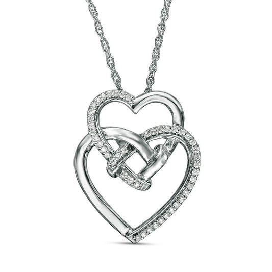 0.1 CT. T.W. Natural Diamond Love Knot Double Tilted Heart Pendant in Sterling Silver