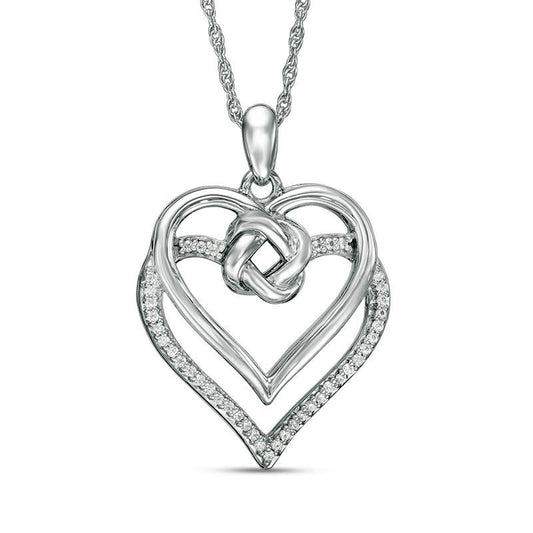 0.1 CT. T.W. Natural Diamond Love Knot Double Heart Pendant in Sterling Silver