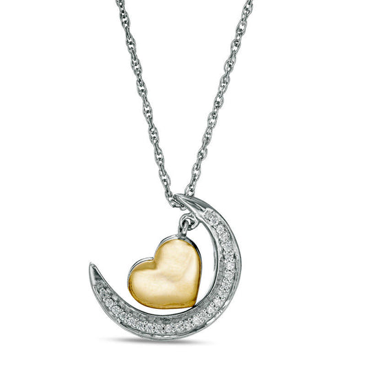 0.07 CT. T.W. Natural Diamond Crescent Moon and Heart Dangle "Love" Message Pendant in Sterling Silver and 10K Yellow Gold