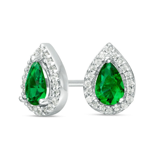 Pear-Shaped Lab-Created Emerald and 0.17 CT. T.W. Diamond Frame Stud Earrings in 10K White Gold