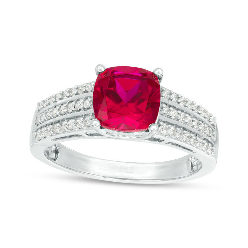 7.0mm Cushion-Cut Lab-Created Ruby and 0.25 CT. T.W. Diamond Triple Row Ring in Solid 10K White, Yellow or Rose Gold