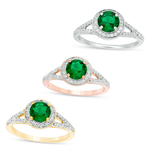 6.0mm Lab-Created Emerald and 0.33 CT. T.W. Diamond Frame Split Shank Ring in Solid 10K White, Yellow or Rose Gold