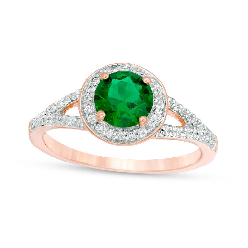 6.0mm Lab-Created Emerald and 0.33 CT. T.W. Diamond Frame Split Shank Ring in Solid 10K White, Yellow or Rose Gold