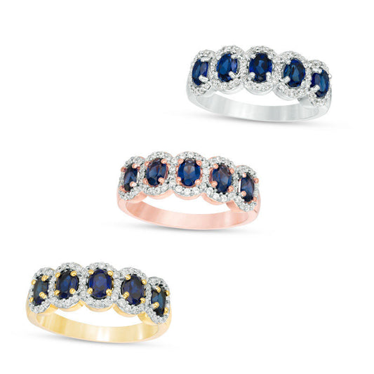 Oval Lab-Created Blue Sapphire and 0.33 CT. T.W. Diamond Frame Five Stone Ring in Solid 10K White, Yellow or Rose Gold