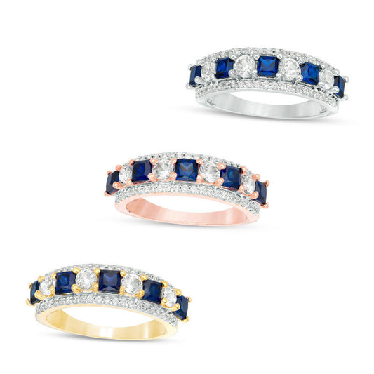 Princess-Cut Lab-Created Blue and White Sapphire with 0.25 CT. T.W. Diamond Ring in Solid 10K White, Yellow or Rose Gold