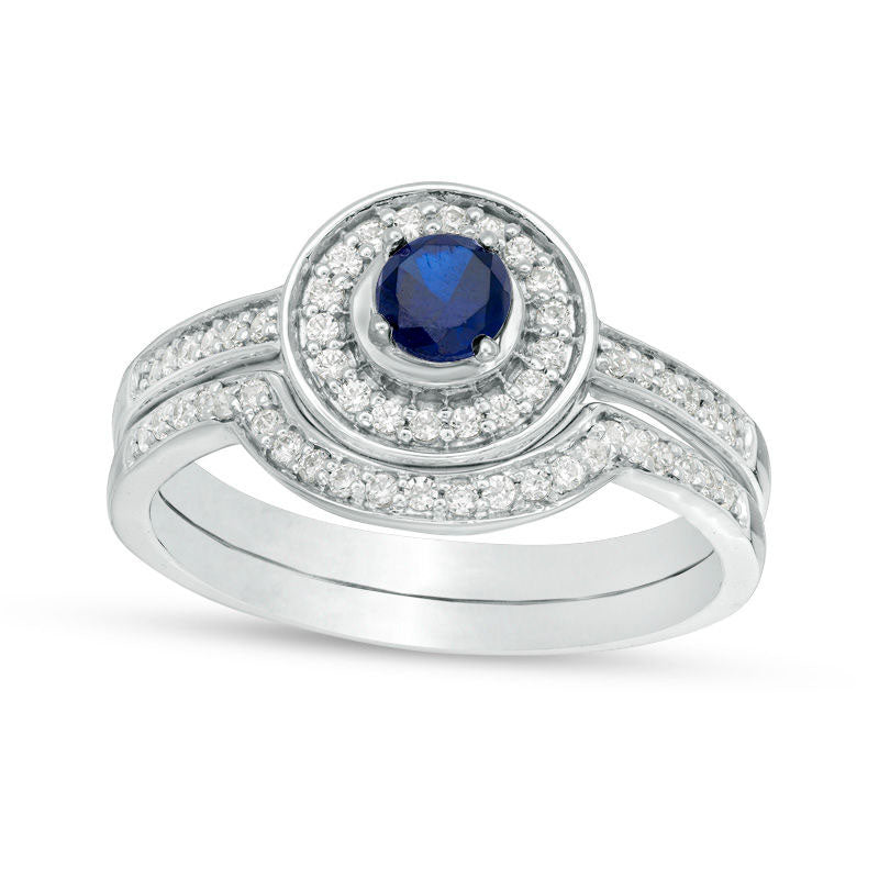 4.0mm Lab-Created Blue Sapphire and 0.25 CT. T.W. Diamond Frame Bridal Engagement Ring Set in Solid 10K White Gold