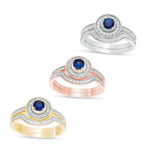 4.0mm Lab-Created Blue Sapphire and 0.25 CT. T.W. Diamond Frame Bridal Engagement Ring Set in Solid 10K White, Yellow or Rose Gold