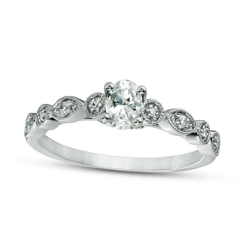 0.38 CT. T.W. Oval Natural Diamond Antique Vintage-Style Engagement Ring in Solid 14K White Gold