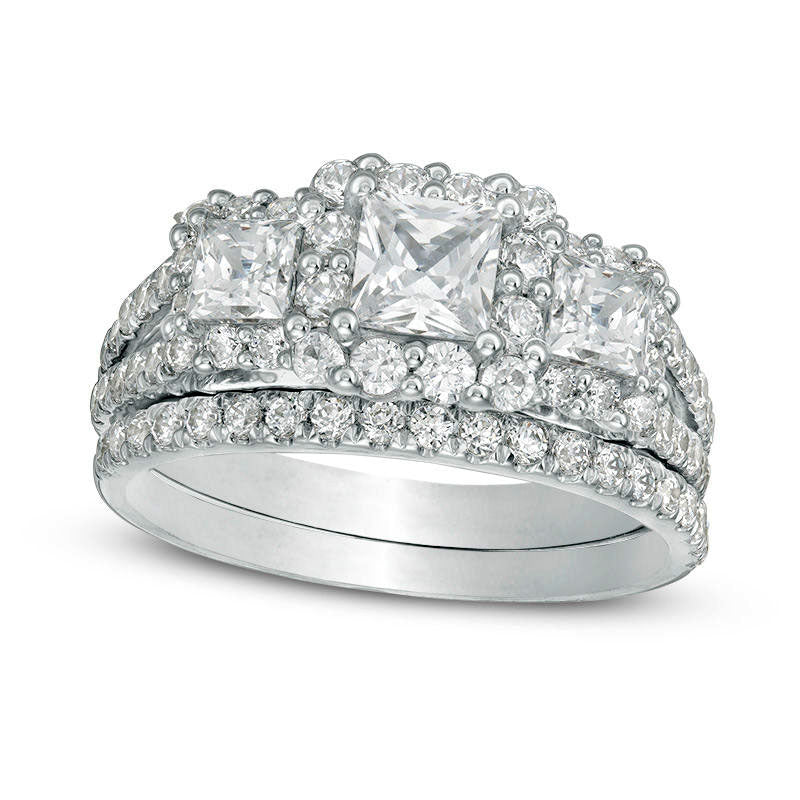 2.20 CT. T.W. Princess-Cut Natural Diamond Three Stone Frame Bridal Engagement Ring Set in Solid 14K White Gold