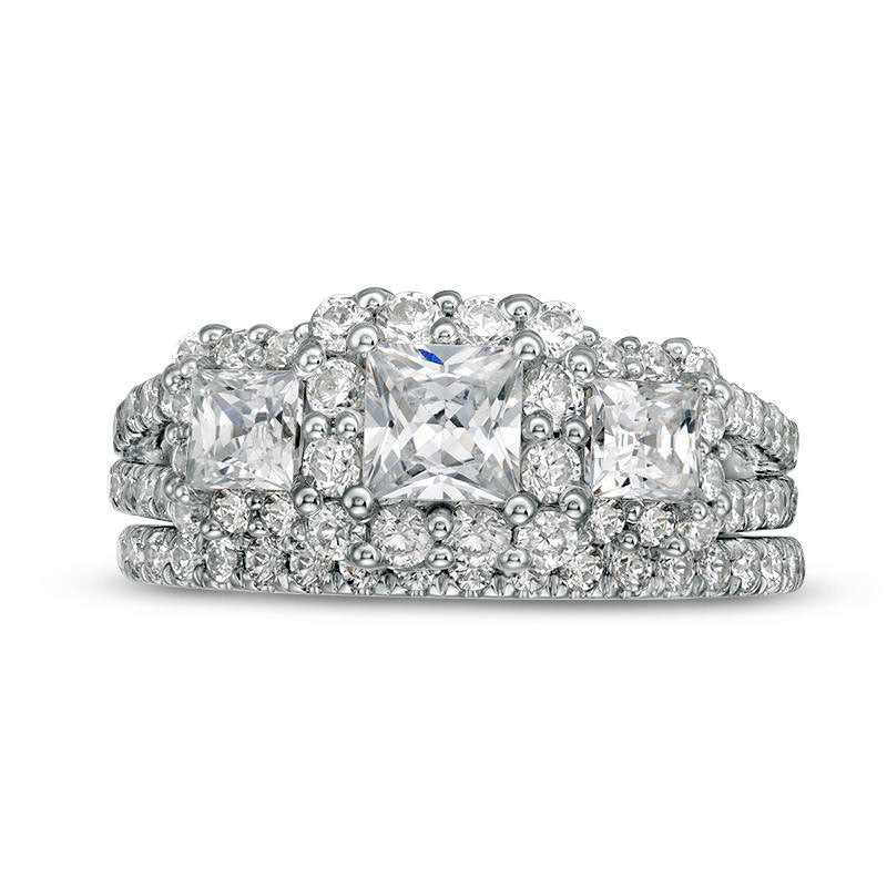 2.20 CT. T.W. Princess-Cut Natural Diamond Three Stone Frame Bridal Engagement Ring Set in Solid 14K White Gold