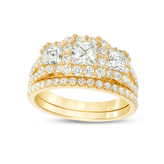 2.20 CT. T.W. Princess-Cut Natural Diamond Three Stone Frame Bridal Engagement Ring Set in Solid 14K Gold