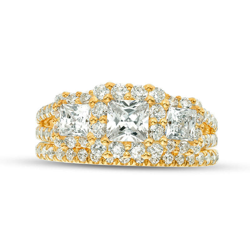 2.20 CT. T.W. Princess-Cut Natural Diamond Three Stone Frame Bridal Engagement Ring Set in Solid 14K Gold