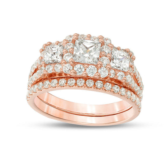 2.20 CT. T.W. Princess-Cut Natural Diamond Three Stone Frame Bridal Engagement Ring Set in Solid 14K Rose Gold