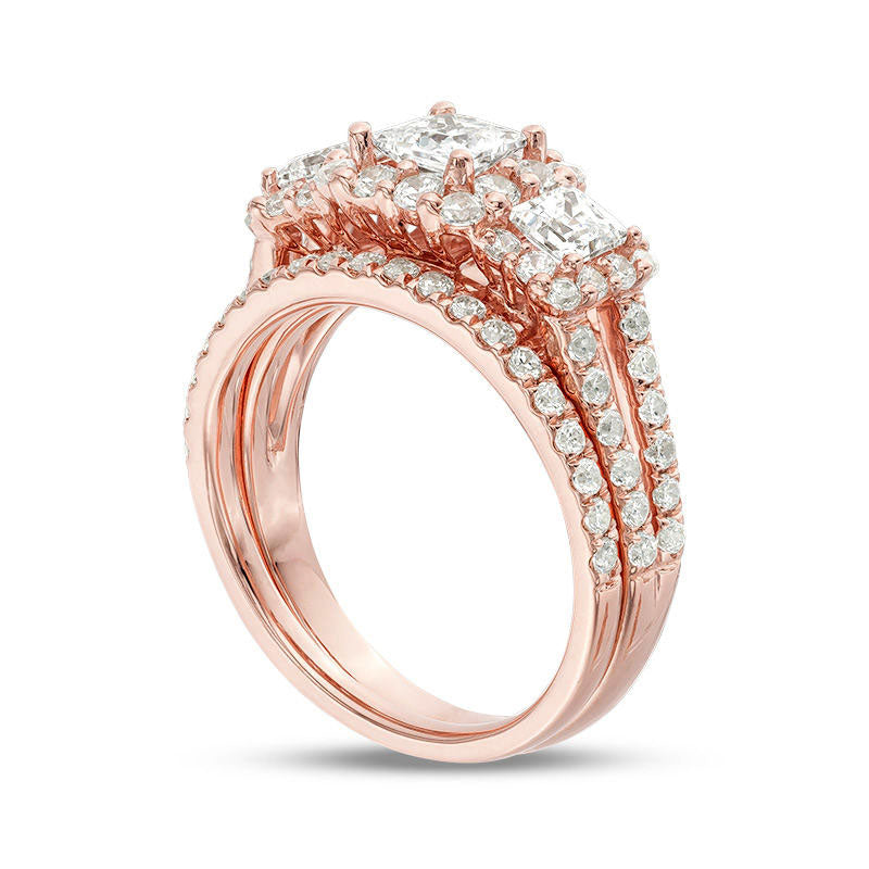 2.20 CT. T.W. Princess-Cut Natural Diamond Three Stone Frame Bridal Engagement Ring Set in Solid 14K Rose Gold