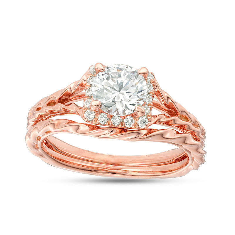 1.17 CT. T.W. Natural Diamond Square Frame Twist Rope Bridal Engagement Ring Set in Solid 14K Rose Gold