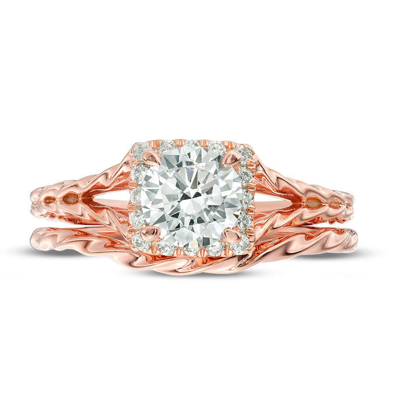 1.17 CT. T.W. Natural Diamond Square Frame Twist Rope Bridal Engagement Ring Set in Solid 14K Rose Gold