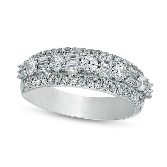 1.0 CT. T.W. Baguette and Round Natural Diamond Alternating Antique Vintage-Style Anniversary Band in Solid 14K White Gold