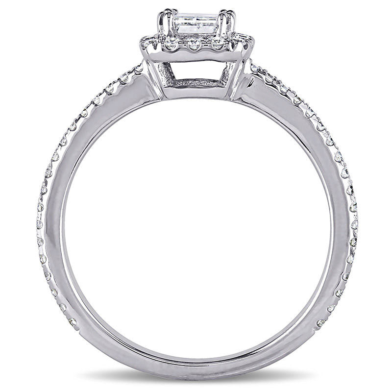 0.88 CT. T.W. Emerald-Cut Natural Diamond Frame Engagement Ring in Solid 14K White Gold (H/VS2)