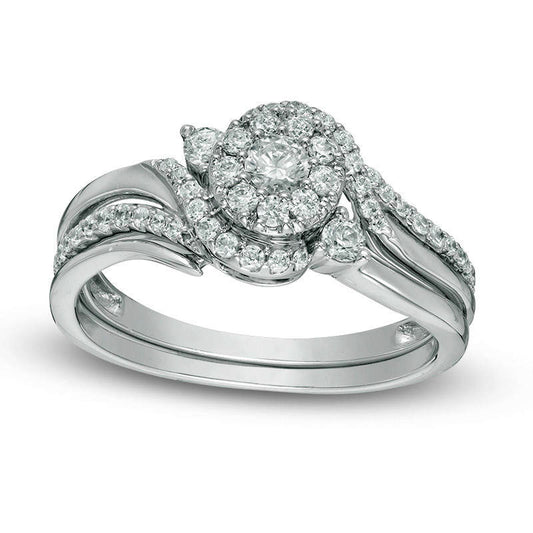 0.50 CT. T.W. Natural Diamond Swirl Bypass Frame Bridal Engagement Ring Set in Solid 10K White Gold