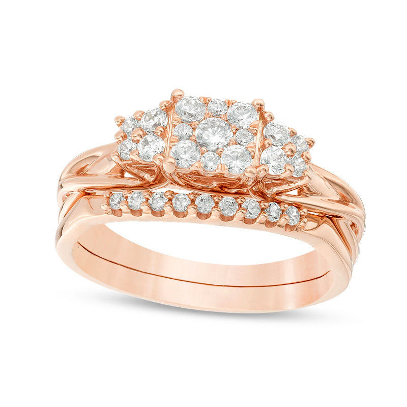 0.50 CT. T.W. Natural Diamond Square Frame Quad-Sides Bridal Engagement Ring Set in Solid 14K Rose Gold