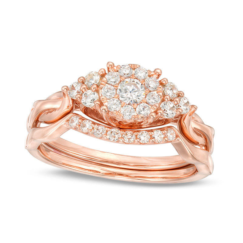 0.50 CT. T.W. Natural Diamond Frame Tri-Sides Layered Shank Bridal Engagement Ring Set in Solid 14K Rose Gold