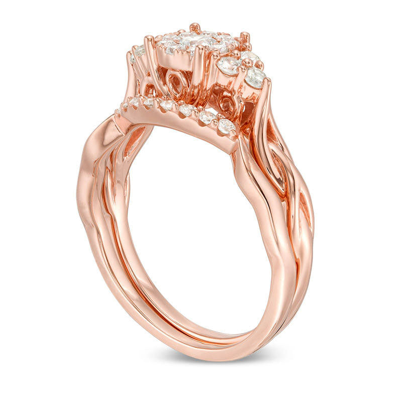 0.50 CT. T.W. Natural Diamond Frame Tri-Sides Layered Shank Bridal Engagement Ring Set in Solid 14K Rose Gold