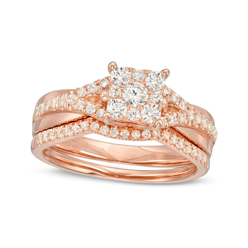 0.63 CT. T.W. Natural Diamond Square Frame Bridal Engagement Ring Set in Solid 14K Rose Gold